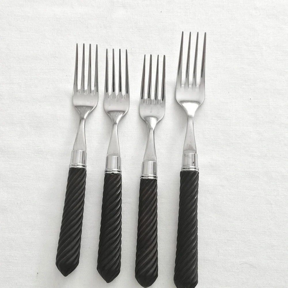 Set of 4 Stainless Steel Forks with Dark Brown Spiral Twist Handles Flatware